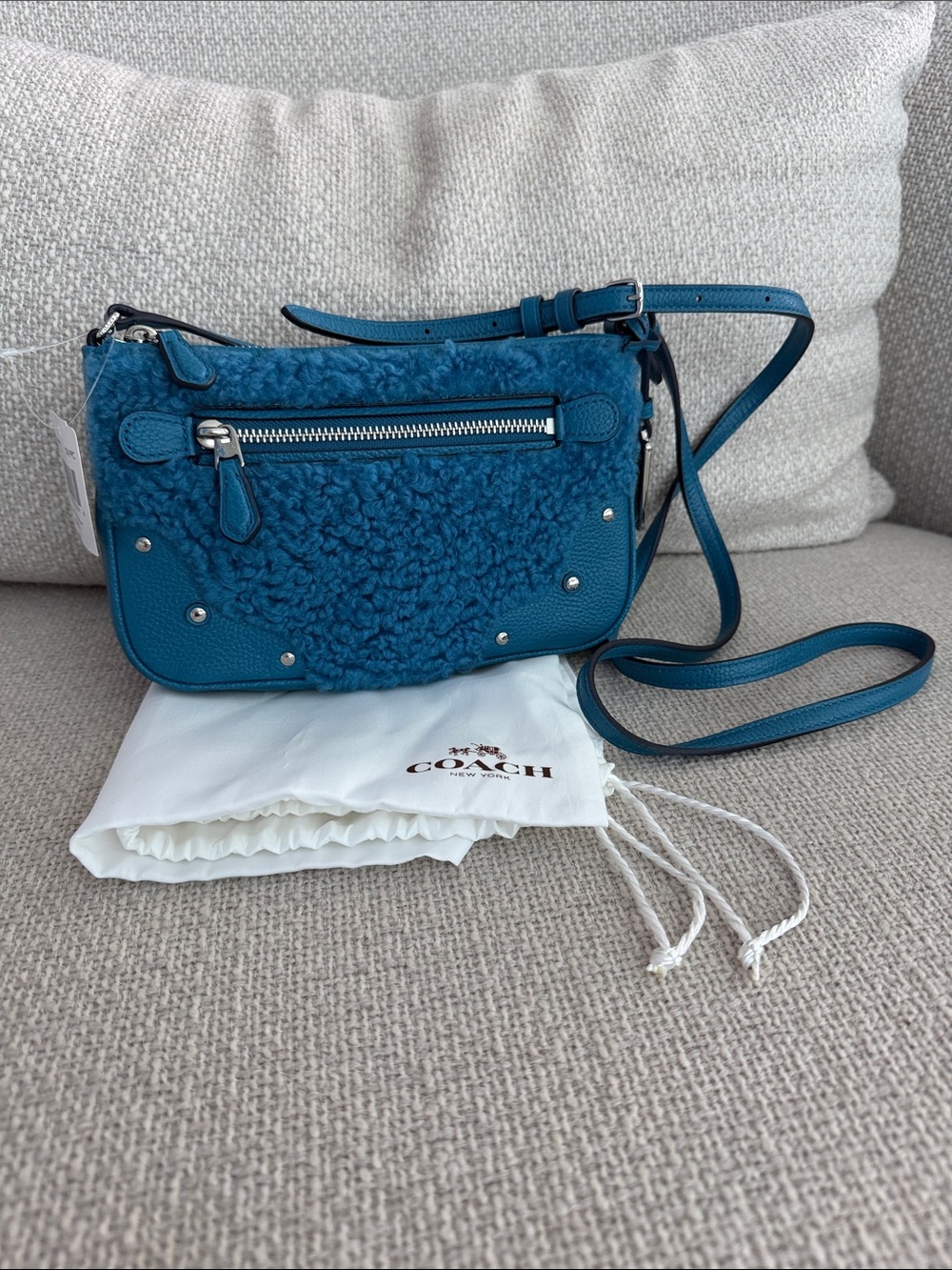 BNNW Coach Rhyder Shearling Small Pochette in Peacock Blue.